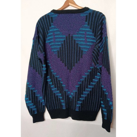 Vintage 90s Nuovo New Forces Large Sweater 3D Look Blue Black Purple Geometric - Picture 2 of 13